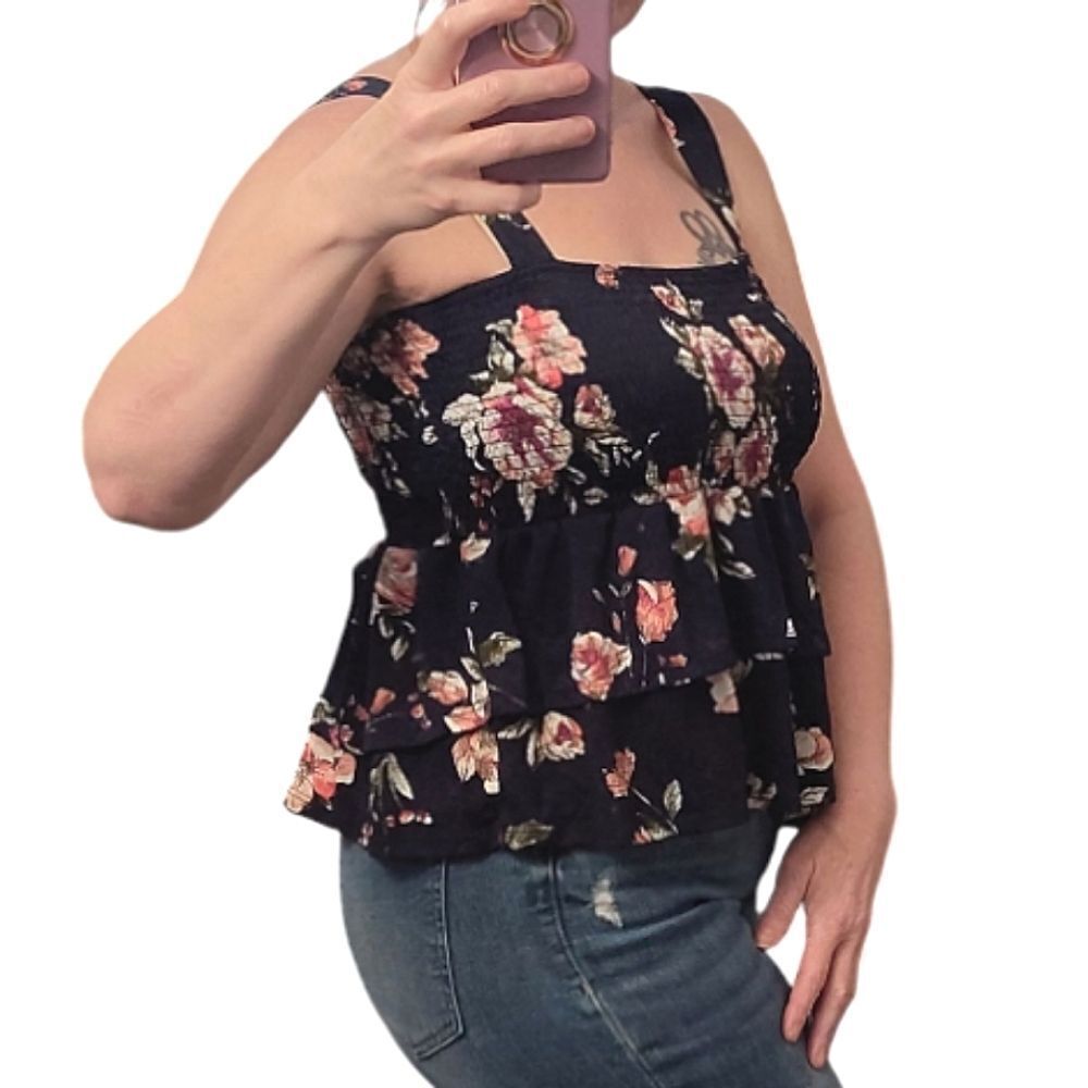 Story On Blue Multi Floral Smocked Peplum Tank Top Large Cottagecore